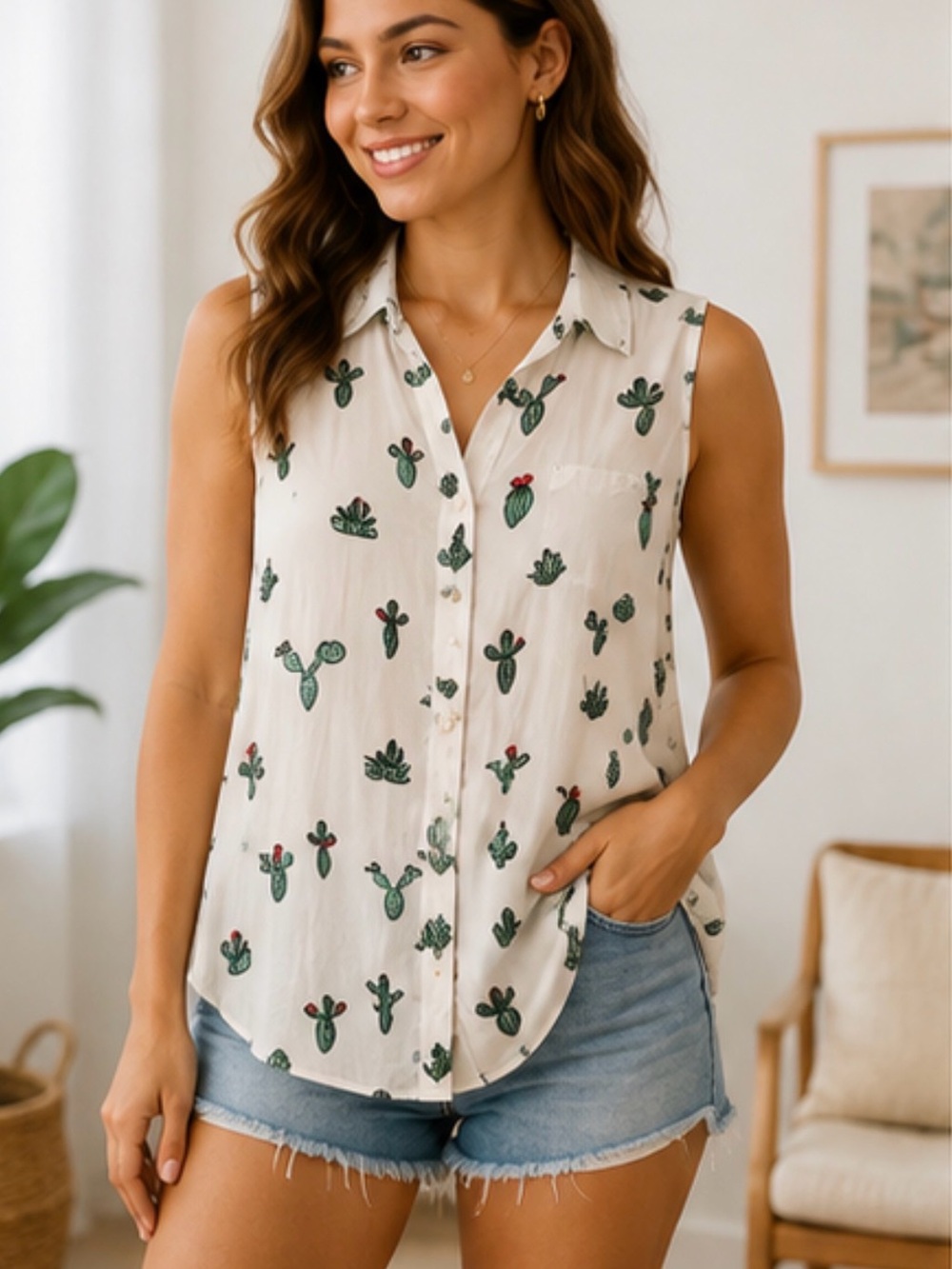 🌵 Wrangler Retro Cactus Print Sleeveless Blouse – Size Large